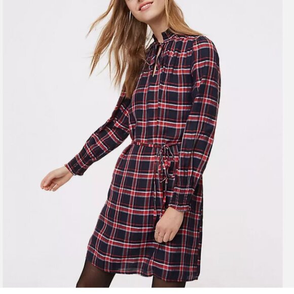 Loft Plaid Smocked Shirtdress - Forever Navy - Picture 1 of 10